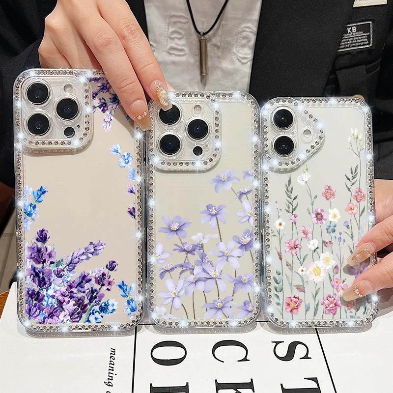 Flower Pattern Clear Soft Silicone Case For iPhone 16E 16 Pro Max 15 Pro 14 13 12 11 Diamond Frame Shockproof Transparent Phone Cover