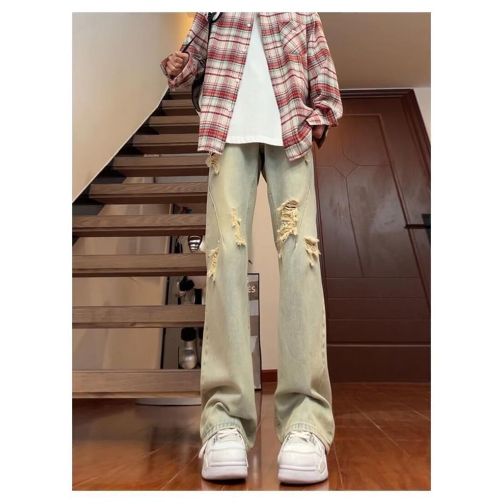 American street washed old ripped jeans men's spring and autumn straight loose European and American high street vibe wind long pants