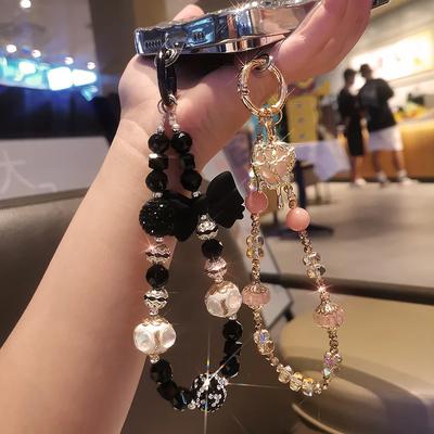 Lanière pour téléphone portable Ornement de poignet Bordure dorée Pendentif cœur Bracelet perles de cristal Lanière universelle anti-perte pour coques de téléphone