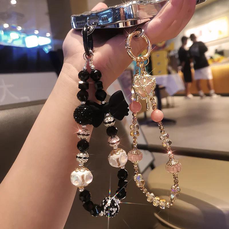 Mobile Phone Lanyard Wrist Ornament Gold Border Heart Pendant Crystal Bead Bracelet Universal Anti Loss Lanyard for Phone Cases