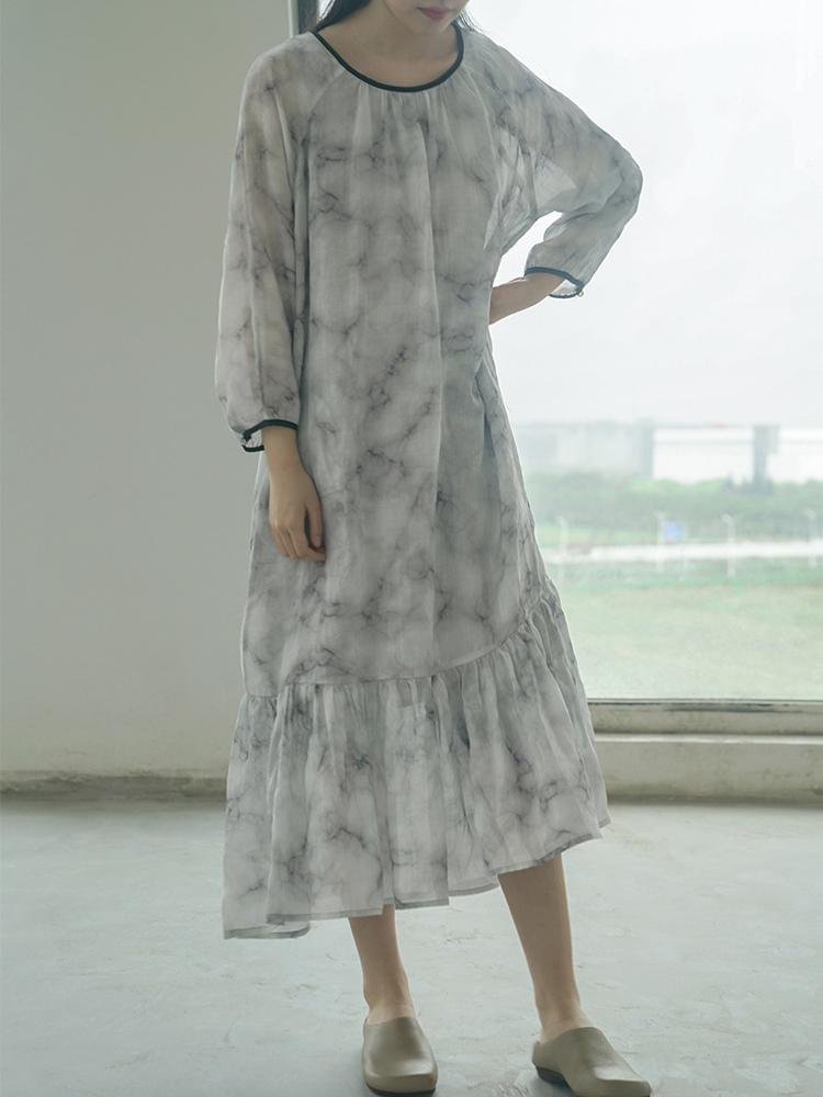 Johnature Women Tie Dye Vintage Dresses Long Sleeve Robes Autumn Ramie Loose Linen Female Mermaid Dress