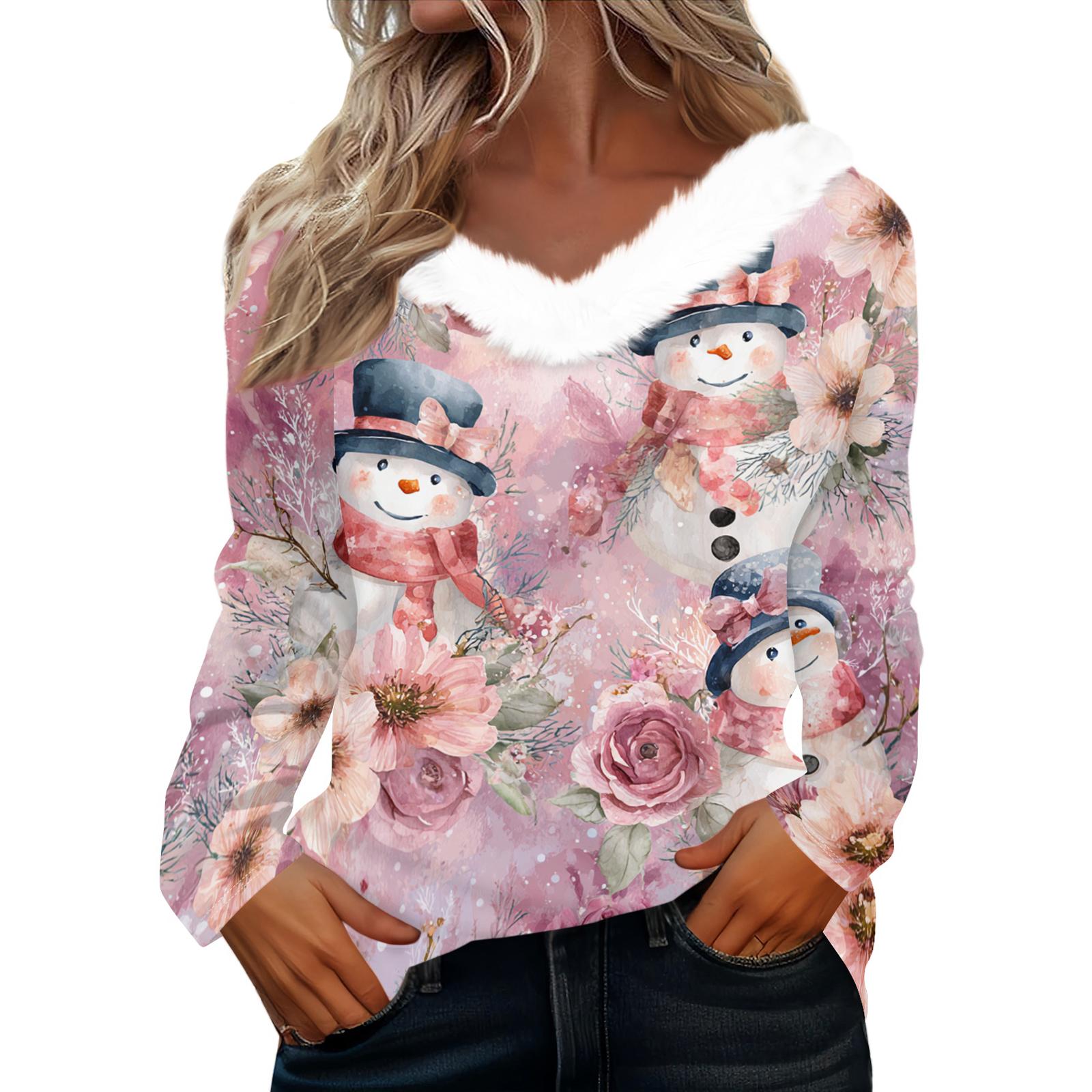 

Рубашки с длинным рукавом для женщин Милые топы Рождественские принты Футболки Блузки Повседневные топы больших размеров Базовые топы Пуловеры XL розовый