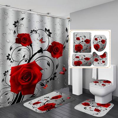 Impresión 3D Cortina de Baño de Flores Impermeable Romántica Rosa Roja Cortina de Ducha y Juegos de Alfombras para Decoración de Baño de San Valentín