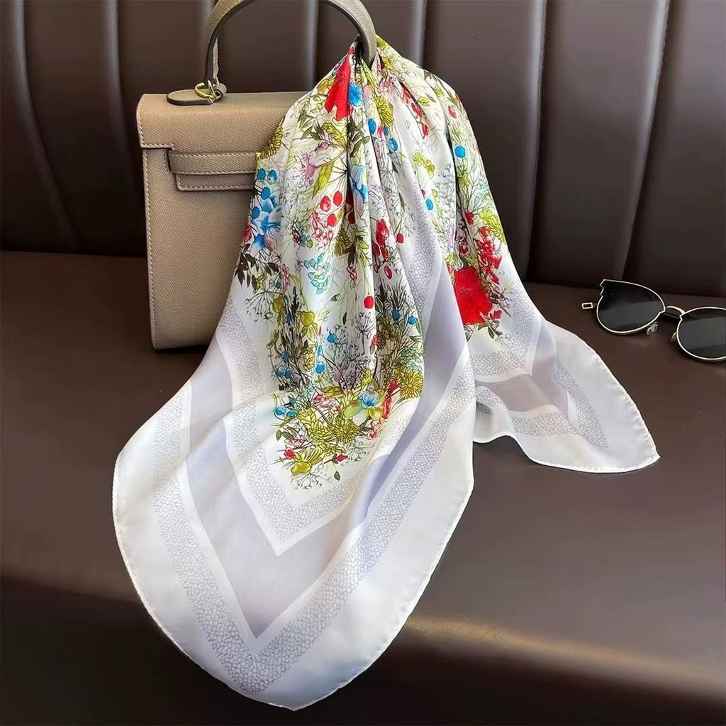 New 70Cm Square Silk Scarf Women Luxury Floral Print Foulard Head Hijab Neckerchief Bandana Bag Ribbon Lady Soft Satin Hairbands