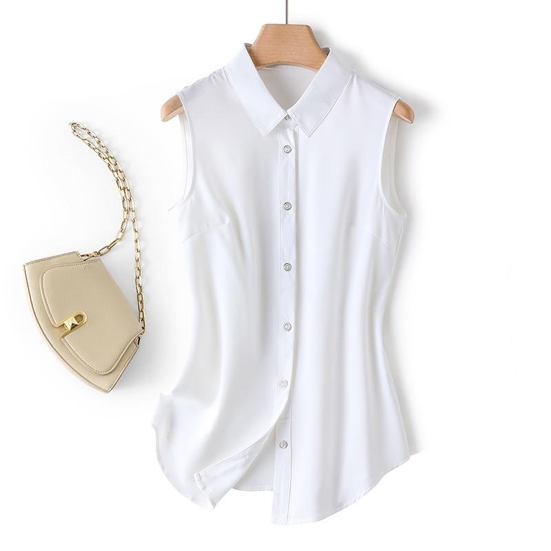 Sleeveless Summer Women Shirt Fashion Casual Loose Top Base Vest Elegant Lapel Office Streetwear Slim Fit Solid Color Blouse Basic Clothing