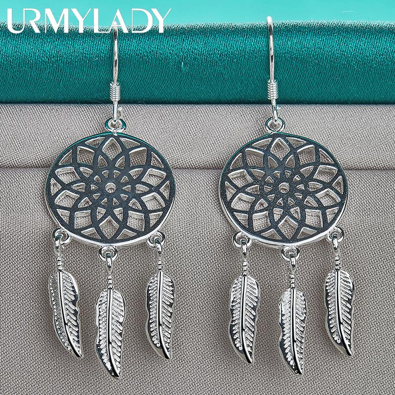 Pendientes redondos de plata de ley 925 con forma de flor y plumas, joyería con dijes