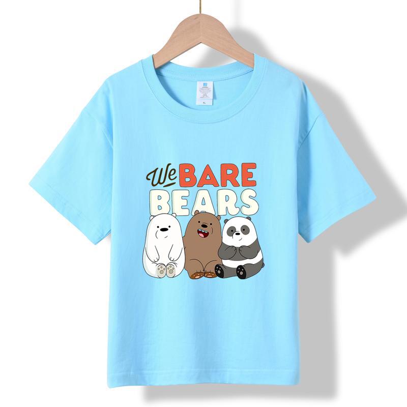 MC-86 MINISO 2026 Summer Kids 100% Cotton We Bare Bears T-Shirt Cute Cartoon Grizzly, Panda & Ice Bear Short Sleeve Tee for Boys & Girls