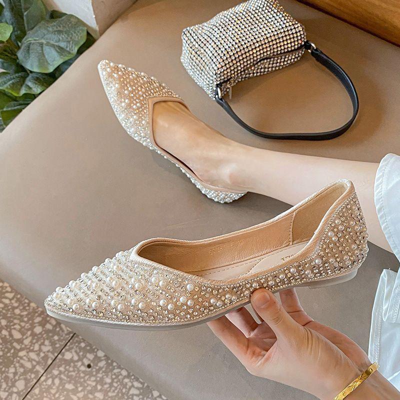 Rhinestone Pointed Single Shoes Women's Summer Flat-soled Shallow-mouth Laden Shoes Soft-soled Large-size Women's Shoes