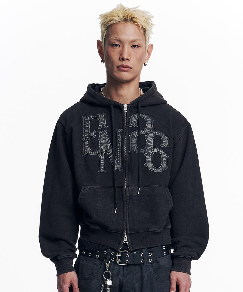 Easy No Easy Washed Leather Patch Zip-Up Hoodie - Black