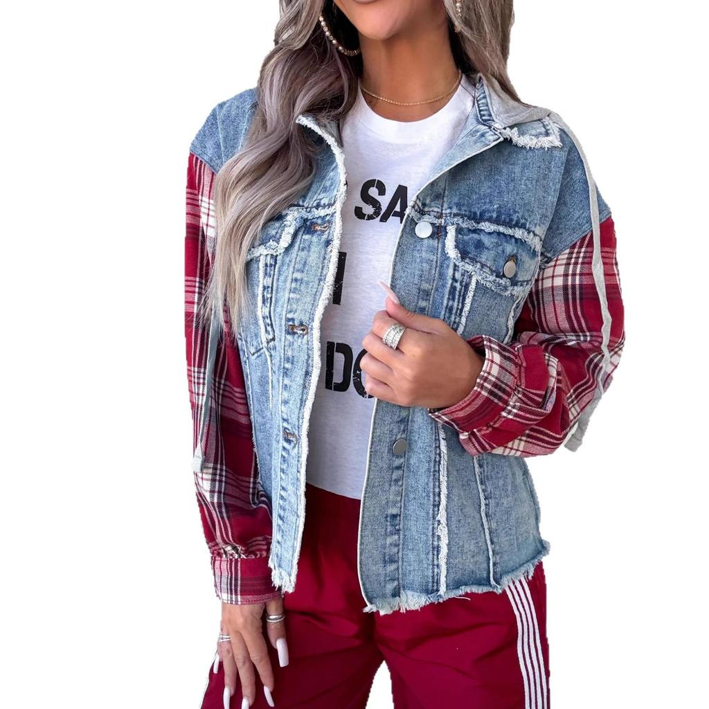 Damen Karo-Denimjacke mit ausgefranstem Rand - 26 Jahre Europäisch-Amerikanisch Herbst/Winter Street Trendy Stil, Artikel 89384.
