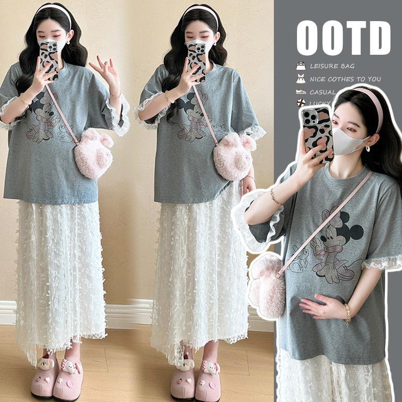 2026 Summer Korean Style Cartoon T-Shirt & Lace Skirt Set M