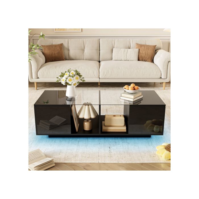 Table basse moderne noire avec éclairage LED, plateau de table brillant, 120 x 50 x 38,5 cm