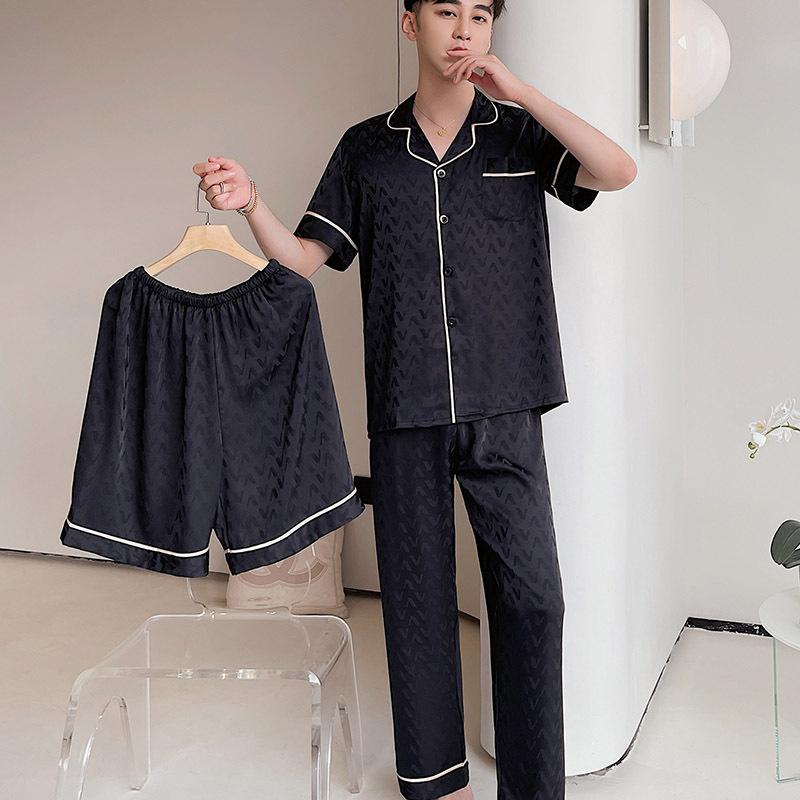 Pajamas Summer Men's Ice Silk Short Sleeve Pants Three-piece Jacquard New Casual Thin Silk Loungewear Set
