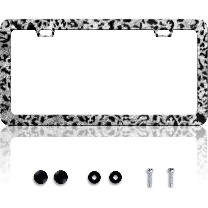 Grey Black Leopard Print License Plate Frame Cheetah License Plate Frames Personalise Stainless Steel Funny Design Compatible With Standard License