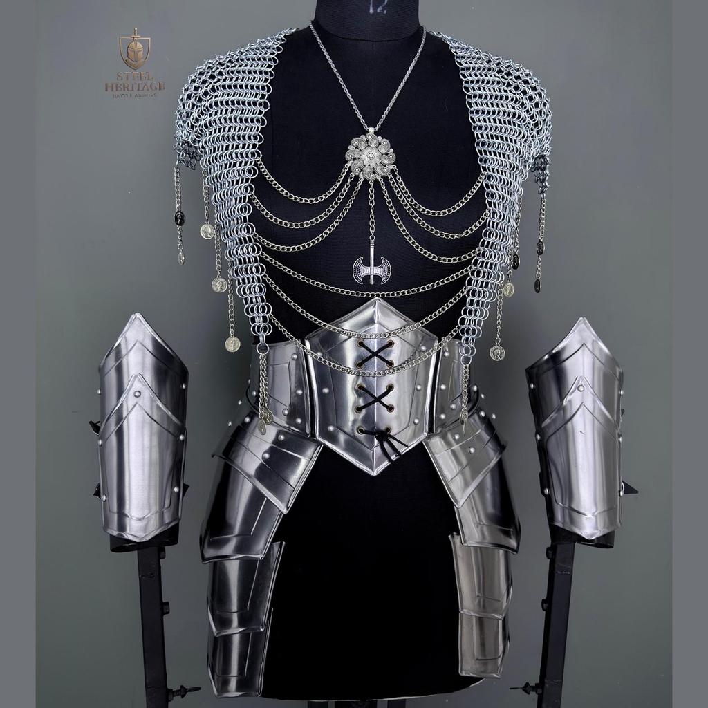 Medieval Knight Steel Armor Costume Set with Chainmail Top for LARP Cosplay Renaissance Faire