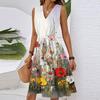 Dámské jarní letní ležérní šaty midi s výstřihem do V, bez rukávů, s květinovým potiskem v pase
