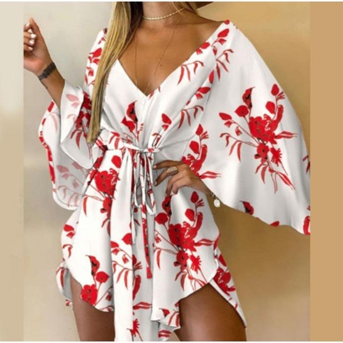 Autumn Sexy V-neck Irregular Bat Sleeve Lace-up Dress