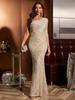 Sequin Beaded Chain One-Shoulder Mermaid Evening Gown