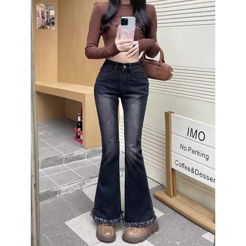 

Женские джинсы микро-клеш черного цвета с высокой посадкой больших размеров, с бархатом, для фигуры типа груша , эластичная облегающая модель, для осени/зимы M чёрный