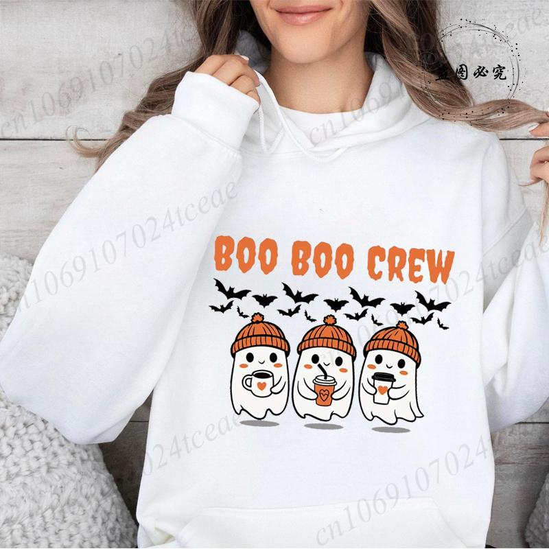 Boo Boo Crew Ghost Prints Halloween Hoodies Women Winter Fleece Warm Hoodies Crewneck Loose Pullovers Casual Soft Sweatshirts