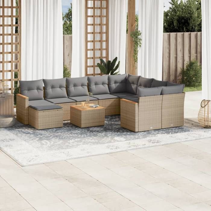 VidaXL Salon de Jardin avec Coussins 11 pcs, Canapés de Terrasse, Ensemble de Meubles de Patio, Mobilier d'Extérieur, Beige 3258531