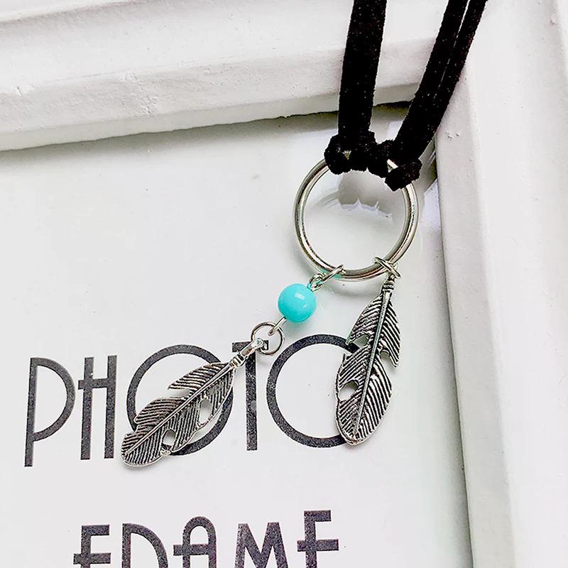 Choker di Velluto Choker in Pelle Nera Collana con Ciondolo a Forma di Piuma Colore Antico Collana a Catena Multistrato
