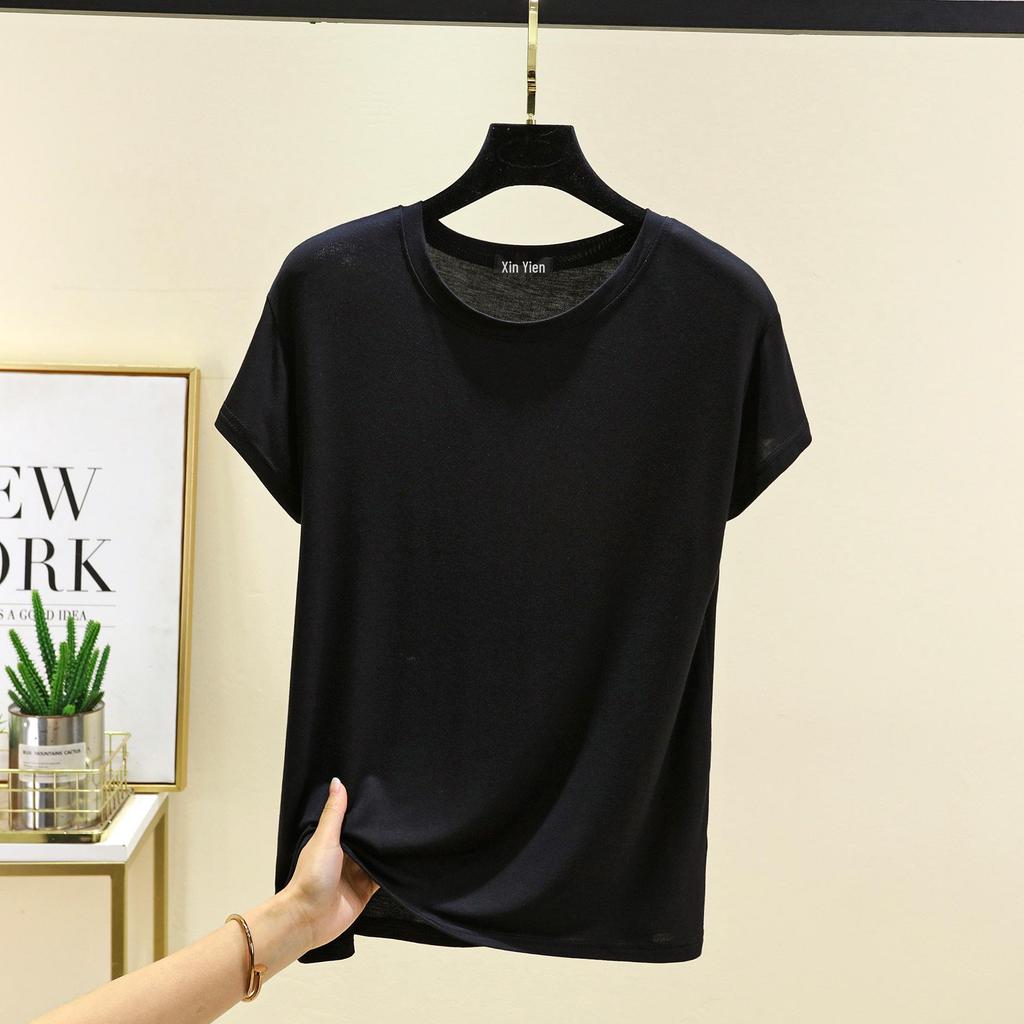 Damski bawełniany T-shirt z krótkim rękawem w jednolitym kolorze – Casualowy luźny krój, prosty letni styl