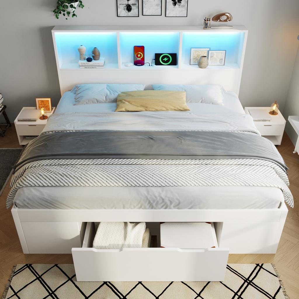 Bed 140x190 cm White with 2 Movable Nightstands, Wooden Bed with LED Lighting and USB Type-C Charging, Frame with Drawer and Shelves, without Mattress