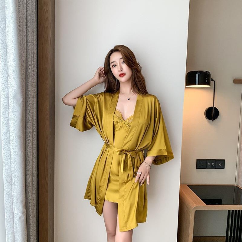 Sexy Pajamas Women's Ice Silk Thin with Chest Pad Lace New Year's Suspender Nightdress Two-piece Summer New Product
