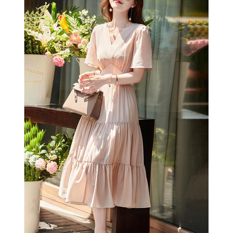 DeMana V-Neck A-Line Pleated Short Sleeve Dress