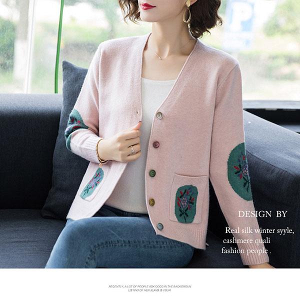 Spring Autumn Women's Knitted Cardigan Sweater Short Loose Thin V-Neck Knit Sweater Long Sleeve Printed Knitted Jacket Outwear