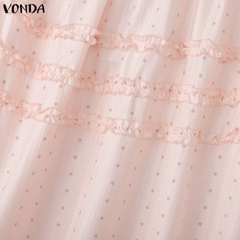 VONDA Women Elastic Waist Polka Dots Casual A-Line Pleated Swing Skirts