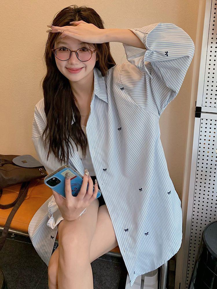 Design sense niche blue striped long-sleeved shirt jacket women's 1116 spring new versatile