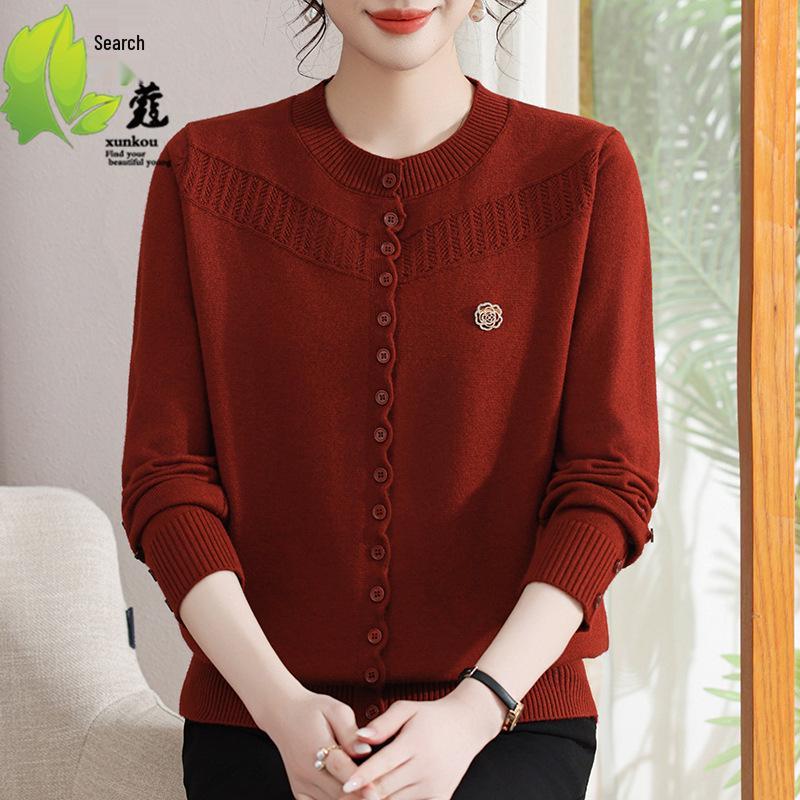Women's Casual Long-Sleeve Knitted Sweater for Ages 40-60 - Elegant Top for Middle-Aged & Elderly