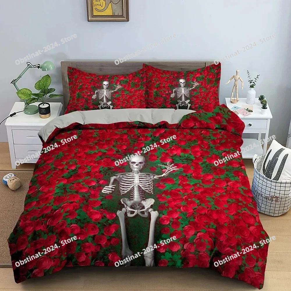 3D Print Skull Rose Skeleton  Bedding Set Duvet Cover Bed Set Quilt Cover Pillowcase Comforter king Queen Size Boys Adult