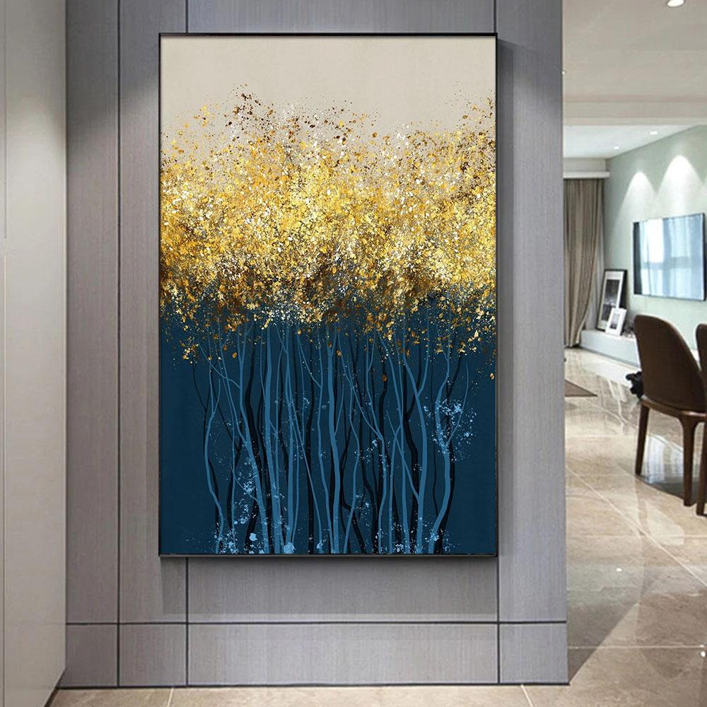 Blue Trees with Golden Leaves Poster Print Canvas Painting Modern Abstract Luxury Picture for Living Room Home Decor Cuadros