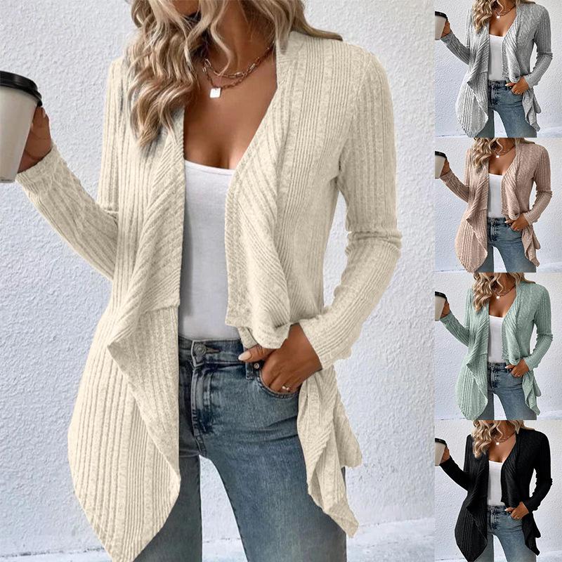 2026 Autumn/Winter Solid Color Ribbed Knit Cardigan - Open Front, Long Sleeve, Casual Women's Sweater