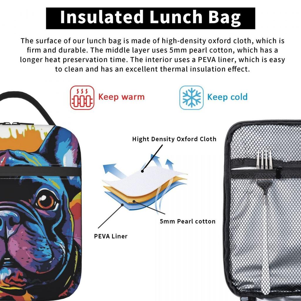 Bunte Niedliche Graffiti Bulldogge Lächeln Aufdruck Isolierte Lunchtasche für Damen Kinder Tragbare Lebensmittelboxen Thermische Lunchbox Tragetasche