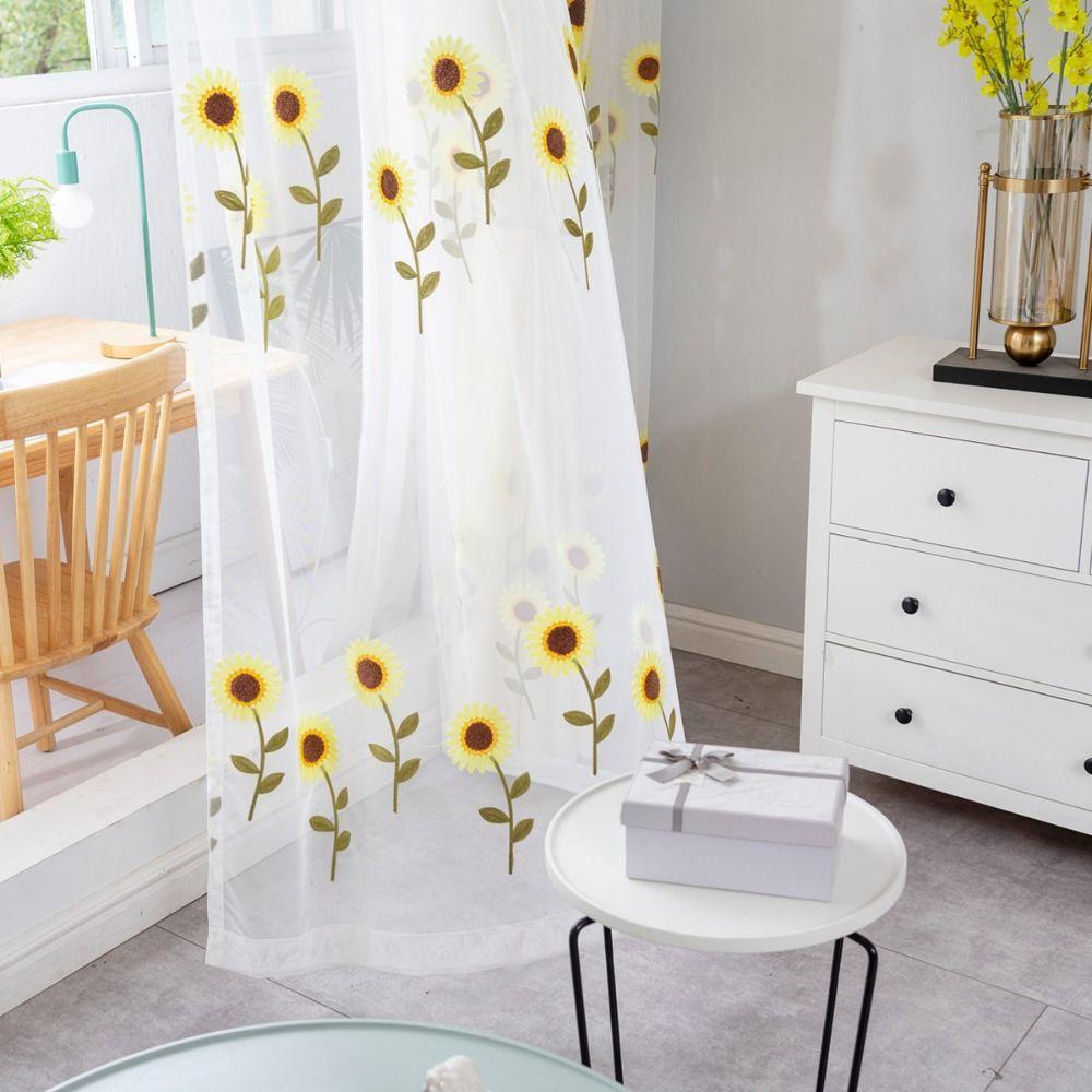 Elegant Sheer Curtains Gauze Transparent Curtain Sunflower Tulle Curtain  Home Decoration