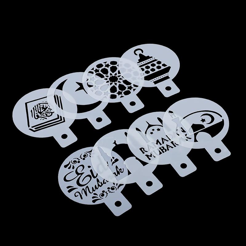 8Pcs/set Muslim Ramadan Coffee Spray Stencils Cookie Cake DIY Mold 2025 Eid Mubarak Islamic Festival Party Decoration Supplies