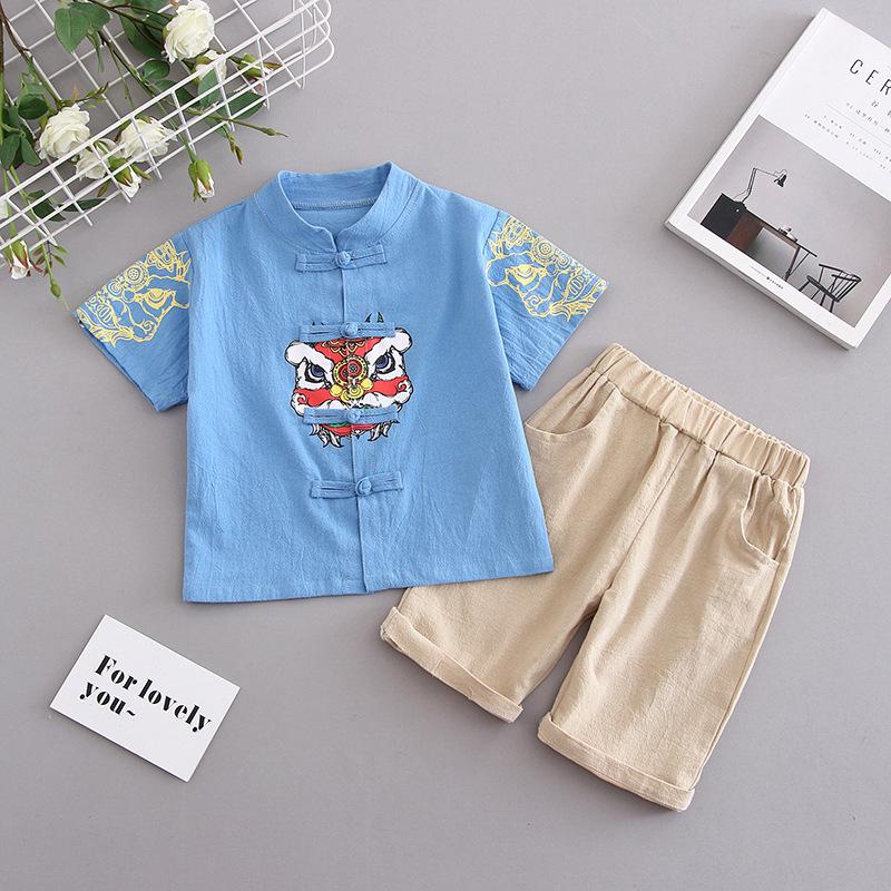 Hanbok pentru copii Costum Tang pentru băieți Stil chinezesc Costum de vară pentru copii cu mânecă scurtă din bumbac și in Stil retro Ming pentru copii