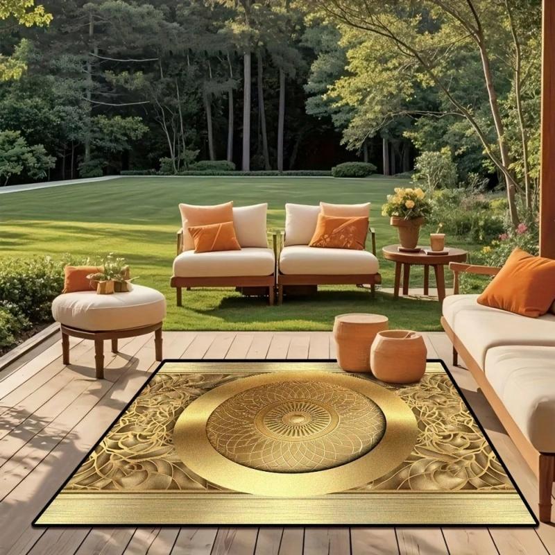 Vintage Golden Medallion Floral Print Large Area Rug Soft Flannel Non Slip Carpet for Living Room Boho Farmhouse Traditional
