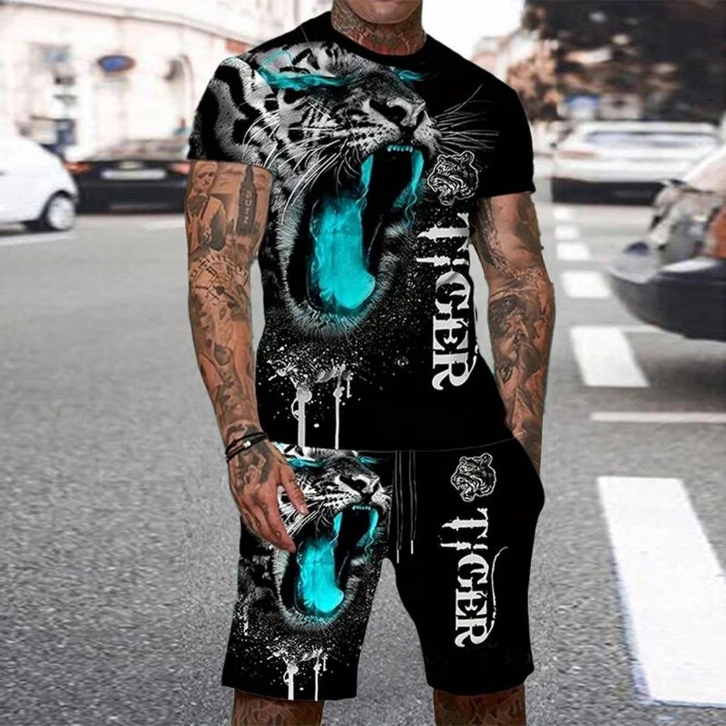 2025 Summer New Men's Summer Crew Neck Short Sleeve Shorts 3D Tiger Print Casual T-shirt Cool Custom Streetwear Set Men Sports