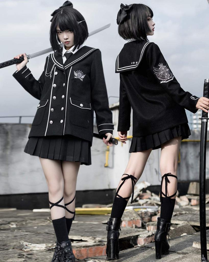 JIURUN Uniform Lolita Gothic Lolita Military Halloween Anime Mori Girl Pleated Skirt and Gothic Plus Cute Skirt Coat Tie Size Costume, Uniform,