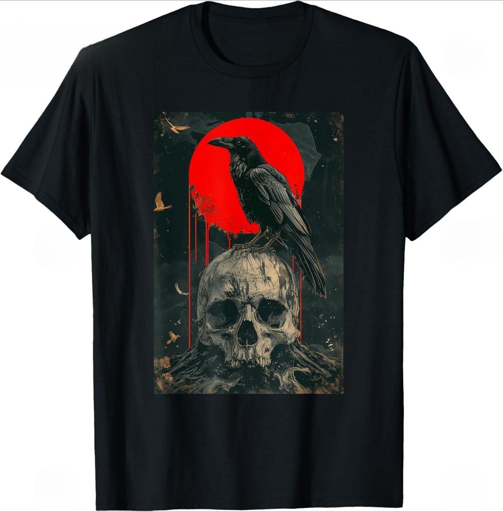 Roter Mond Schwarzer Gothic Rabe Schädel Grafik Schwarzes Krähen T-Shirt Edgy Oberteile Niedliches Einzigartiges Ästhetisches Oberteil Frühlingsstil T-Shirt Streetwear