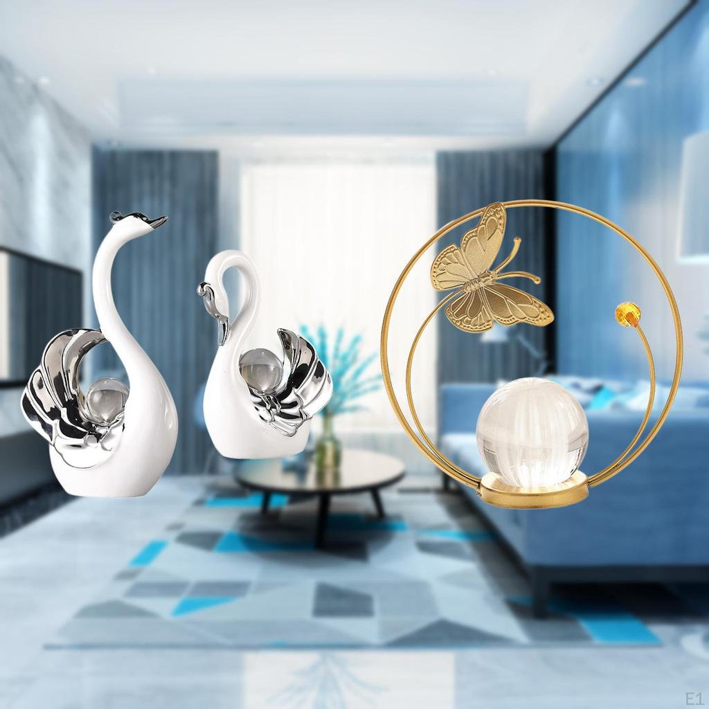 Swan Statue Contemporary Ceramic Animal Sculpture Crystal Ball Figurine Artistic Centerpiece Fine