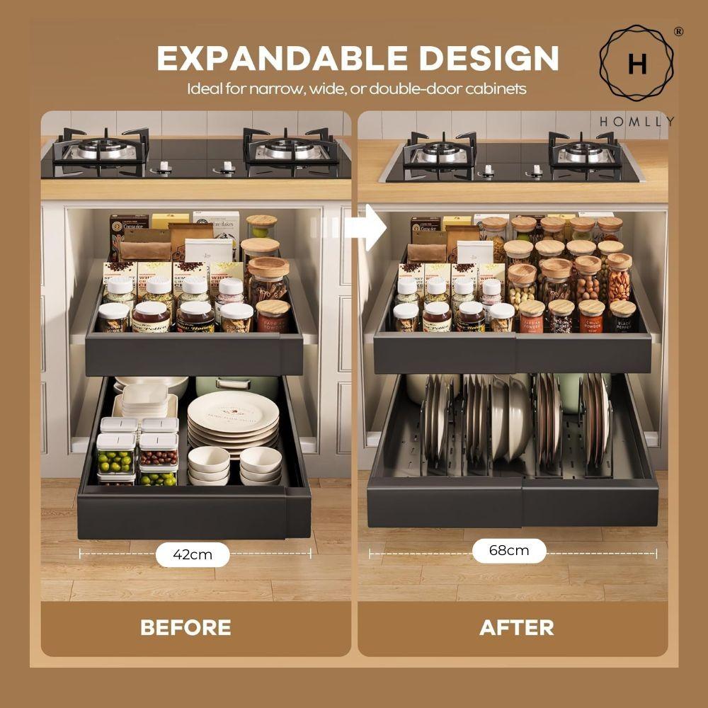 HOMLLY Expandable Roll Out Organizer Drawer for Kitchen Cabinet Pantry or Bathroom Storage (Width 32-68 Cm)