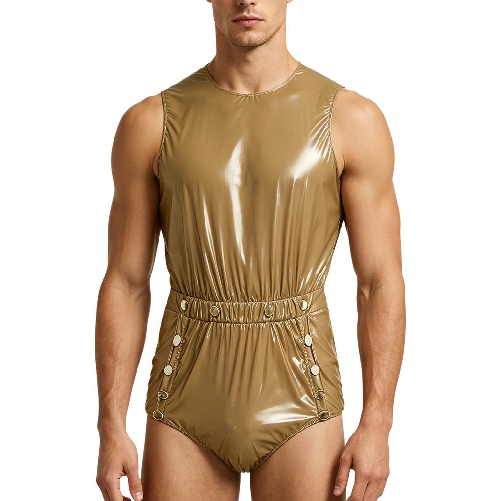 Mens Waterproof Bodysuit Sleeveless Openable Crotch Buttons Back Zipper Elastic Waistband Romper