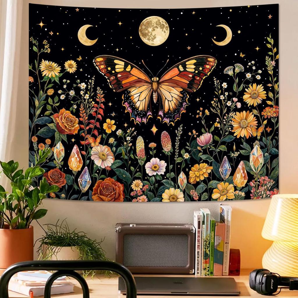 Boho Butterfly Tapestry Flower Moon Wall Tapestry, Moon Phases Tapestries For Bedroom Cute Tapestries Wall Hanging For Bedroom