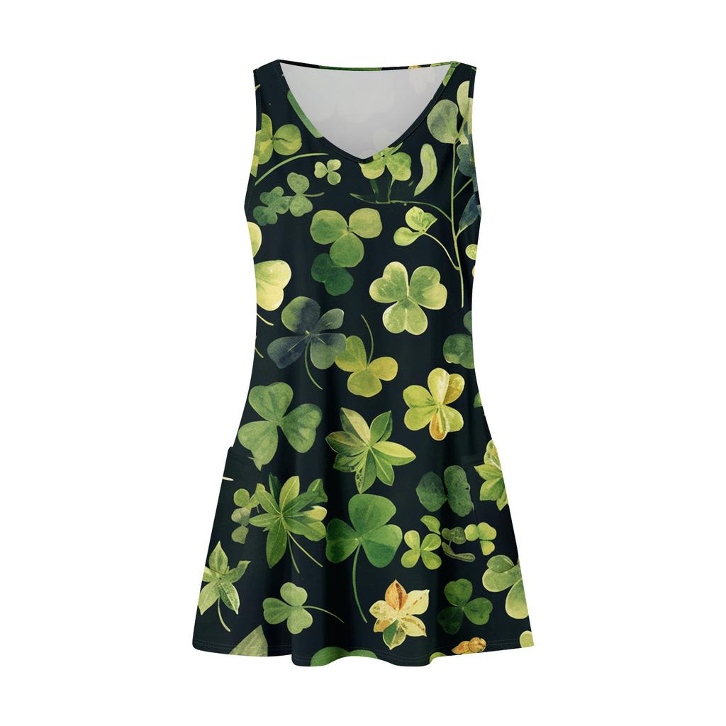 Women's Floral Print Dress, Vest, Skirt With Pockets, Beach Skirt, V-Neck Vest Skirt